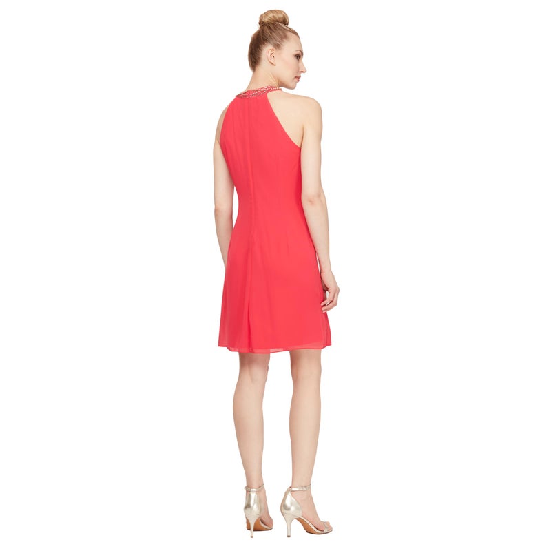 S.L. Fashions Women's Jewel Halter Neckline Cocktail Dress, Wedding Guest, Perfect Party Dress,(Petite and Regular Sizes), Cerise, 16 - Image 3